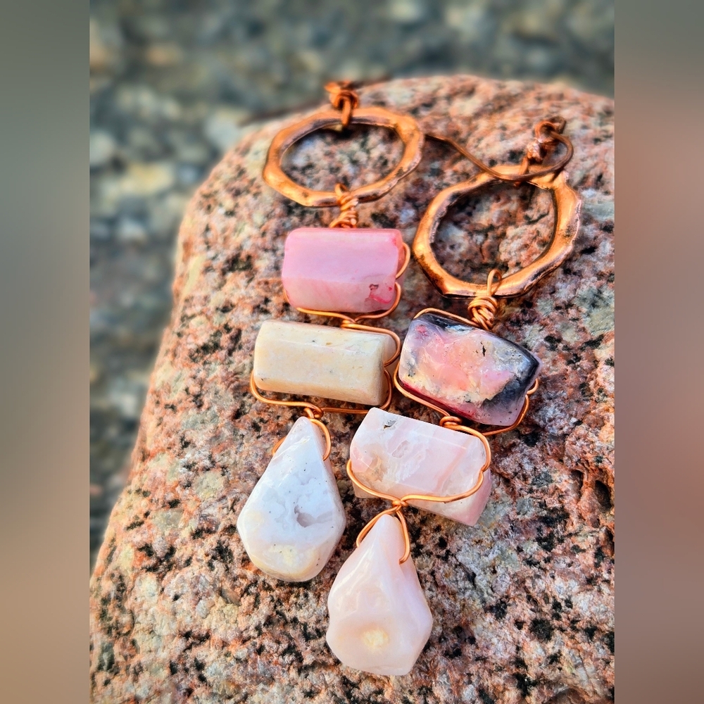 Whispers From Andes Genuine Pink Peruvian Opals In Antique Copper Drop Earrings - Picture 3 of 10